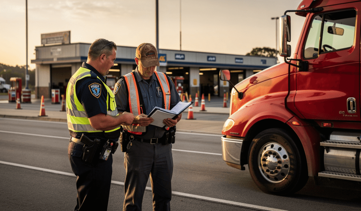 Commercial truck driver during a roadside inspection