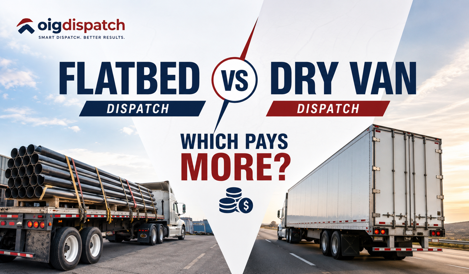 Flatbed truck and dry van truck side by side comparing freight rates